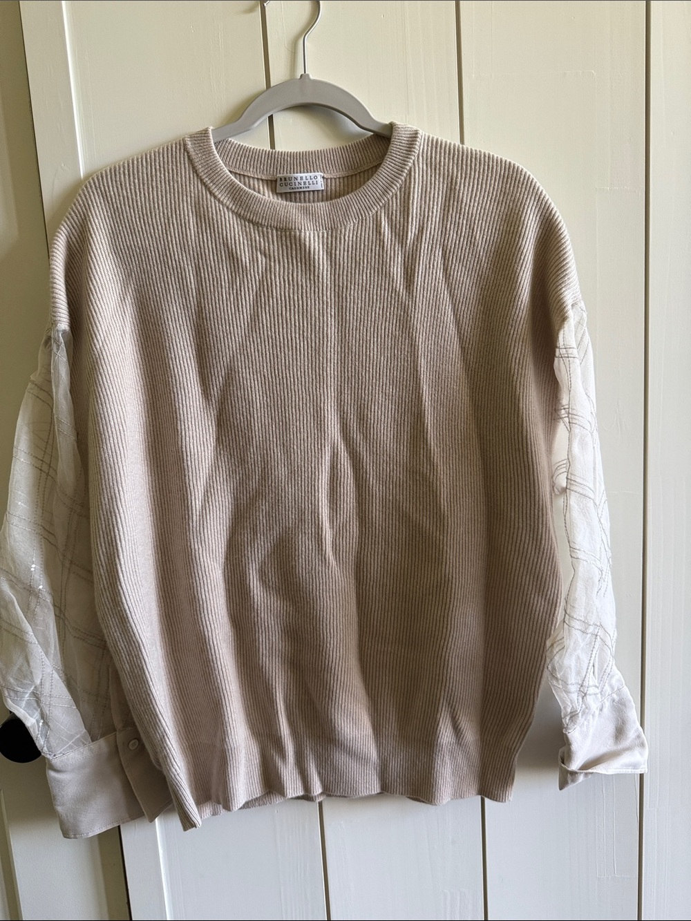 Brunello Cucinelli Beige Ribbed 100% Cashmere Crewneck